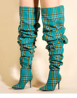 Fashion Yellow Palm Tree Shoes Winter Women Thigh High Boots Ladies Over The Knee Boots Ladies High Heel Plaid Boots