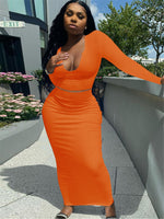 Two Piece Set Women Skirt Cleavage Solid V-neck Long Sleeve Crop Top+bodycon Maxi Skirt