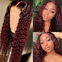 Burgundy 99J Curly 13x4x4 Lace Frontal Human Hair Wigs Deep Water Wave Indian Remy Transparent Lace Wig Pre Plucked Baby Hair