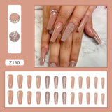 Nude Nails Press on Rhinestone XL Length Coffin Fake Nail Tips Pre Designed Z160