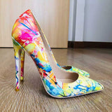 Tikicup Hawaii Style Women Oil Painting Printed Patent Pointed Toe High 5 inch Heels pump shoes 11+