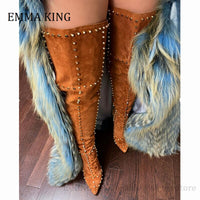 Studded Rivets Long Boots Brown Faux Suede Over the Knee Thigh High Boots