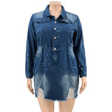 Long Sleeve Denim Mini Dress Ripped Sexy Plus Size avail