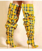 Fashion Yellow Palm Tree Shoes Winter Women Thigh High Boots Ladies Over The Knee Boots Ladies High Heel Plaid Boots