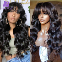 Long Wavy Human Hair Wig With Bangs Brazilian Remy Hair Machine Made O Scalp Top Wig 200 Density Glueless