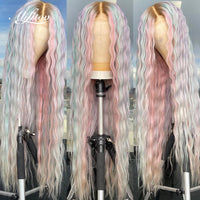 Ombre Pink hd Lace Frontal Wig Pre Plucked Loose Deep Wave Wig Pastel Purple Blue Highlight Wig Human Hair - Divine Diva Beauty