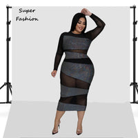 Plus Size avail Black Mesh Sequined Long Sleeve Slim Party Dress