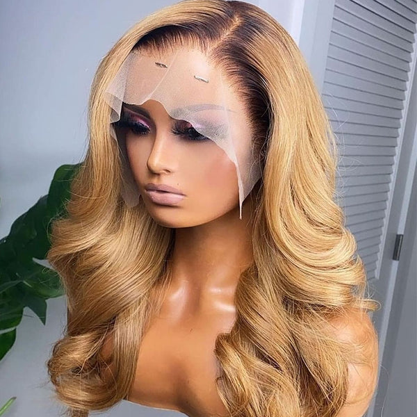 Ombre Blonde Human Hair Wigs 1B27 Wavy Lace Front Wig 180% Density Pre Plucked Honey Blonde Body Wave Lace Wigs - Divine Diva Beauty