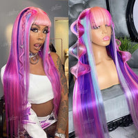 Pastel Purple Rainbow Colored Straight Lace Front Wig with Bangs Pre Plucked Blue Pink 13x4 Lace Front Human Hair Wigs - Divine Diva Beauty