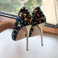 Blue Bling Sequins Women Sexy Extremely High Heels Pointed Toe Slip On Stiletto Chic Pumps - Divine Diva Beauty