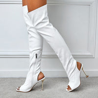 Zip Metal Thin Heels Open Toe Leather Thigh High Over The Knee Boots