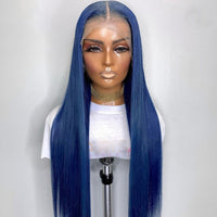 180% Density 26 Inch Long Dark Blue Silky Straight Synthetic Lace Front Wig Babyhair Preplucked