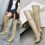 Over-the-Knee All Sequins Cloth Boots Woman Pointed Toe 11+