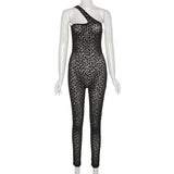 Sexy Mesh Flocking Leopard Print Black Jumpsuits bodysuit