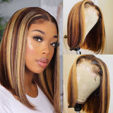 4x4 Lace Closure Wigs Straight Short BOB Honey Blonde Highlight Human Hair Wigs Straight Lace Front Wig Remy Hair BOB