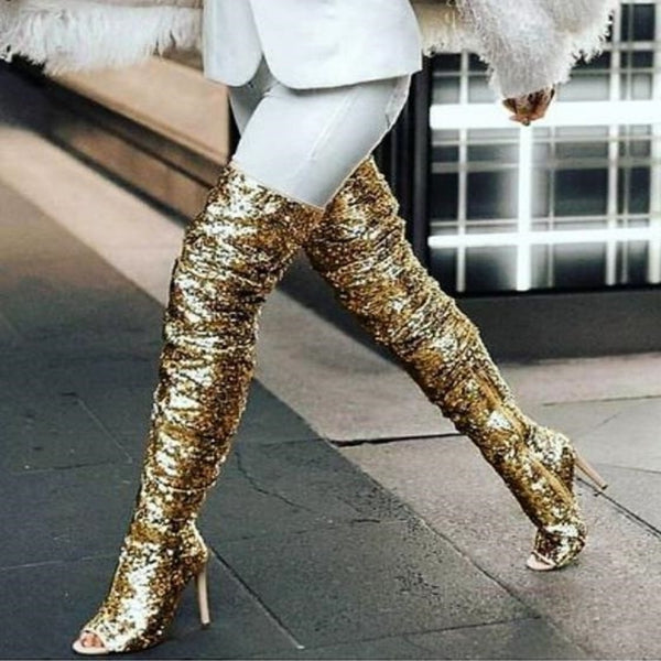 Luxury Gold Sequin Rugged Peep Toe Thigh High Boots