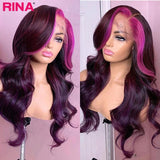 Wig Pink Purple Colored Body Wave Lace Front Wig Peruvian Virgin Human Hair Wigs 13x4 Lace Frontal Purple Wig