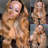 Ombre Blonde Human Hair Wigs 1B27 Wavy Lace Front Wig 180% Density Pre Plucked Honey Blonde Body Wave Lace Wigs - Divine Diva Beauty