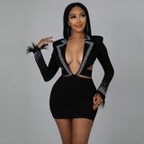 Black Sparkly Elegant Rhinestone Club Party Dress with Feathers Short Bodycon Mini Dress