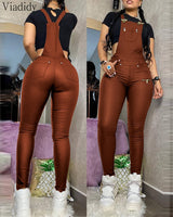 Women Fashion Buckled Zipper Design PU Suspender Jumpsuit pants