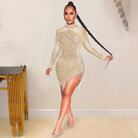 Diamond O-neck Long Sleeve Summer Sexy Celebrity Party Mini Dress