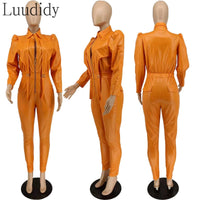 PU Leather Puff Sleeve Zipper Fake Pockets Design Skinny Jumpsuit bodysuit