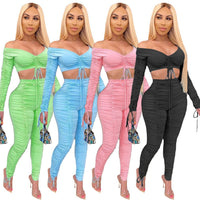 Lace Up Drawstring Two Piece Set Women Off Shoulder Crop Top Runched Stacked Pants 2 Piece Set