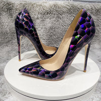 Geometry Print Women Glossy Patent Pointed Toe High Heel pump shoes 11+