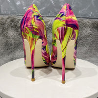 4 inch heel Glossy Colorful Print Women Pointed Toe High Heels Ladies Slip On Stilettos Pumps Sexy Night Club Thin Heel Shoes 11+