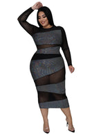 Plus Size avail Black Mesh Sequined Long Sleeve Slim Party Dress