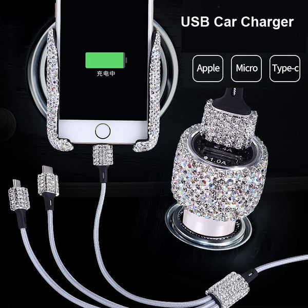 Dual USB Car Charger For Mobile Phone Tablet GPS Fast Charger Crystal Diamond Phone 3 Data Line Wire in Car Cigarette Lighter - Divine Diva Beauty