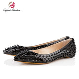 Fashion Studded Rivet Women Flats Black Patent Leather Pointed Toe Casual Ladies Shoes 11+