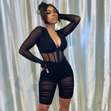 White See Through Playsuit bodysuit Long Sleeve Sheer Mesh Patchwork Pleated Jumpsuit