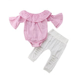 2PCS Sets Baby Girls Clothing  Off Shoulder onesie White Ripped Jean bottoms outfit bby