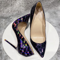 Geometry Print Women Glossy Patent Pointed Toe High Heel pump shoes 11+