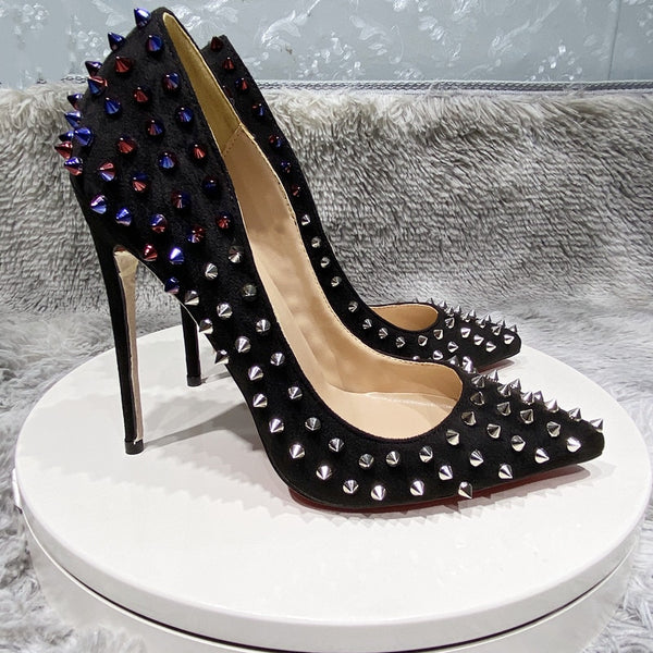 12cm high heels, pointed, Party high heels, Black suede high heels rivets