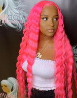 Hot Pink Deep Wave Frontal Wig Transparent Lace Wigs Blue Red Green 13*4 Lace Front Human Hair Wigs  Preplucked - Divine Diva Beauty