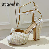 Pearl Platform Sandals Women Open Toe Rhinestone Diamond Square High Heels shoes