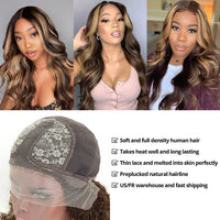 Highlight Wig Human Hair Body Wave Lace Front Wig Brown Colored Human Hair Wigs 13x1 Transparent Lace PrePlucked Wigs - Divine Diva Beauty