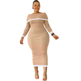 plus size avail sexy rib Off-the-shoulder stitching long sleeve dress