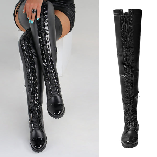 New Riding Women Boots Western Leather Over Knee High Boots Black Lace-up Low Heel Long Boots 2022