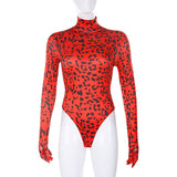 Trendy Hipster Turtleneck Rompers Full Sleeve Connection Gloves Leopard Print bodysuit