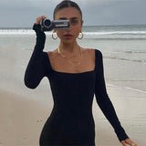Sexy Woman Jumpsuits Vintage Square Collar Knitting Stretchy Overalls Long Sleeve bodysuit