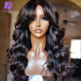 Long Wavy Human Hair Wig With Bangs Brazilian Remy Hair Machine Made O Scalp Top Wig 200 Density Glueless