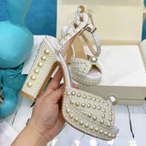 Pearl Platform Sandals Women Open Toe Rhinestone Diamond Square High Heels shoes