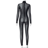 Mesh Long Sleeve Turtleneck Slim See Through Jumpsuit bodysuit