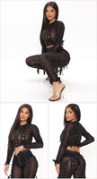 Lace Up Long Sleeves Hook And Eye Embellished Crop Top And Mesh Skinny  two piece Set