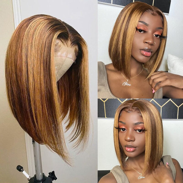 4x4 Lace Closure Wigs Straight Short BOB Honey Blonde Highlight Human Hair Wigs Straight Lace Front Wig Remy Hair BOB