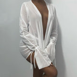 2 Piece Set Deep V-neck Long Sleeve Backless Tops + Drawstring Mini Skirt Mesh Lace Up Beach Suits set