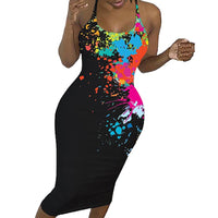 Women Fashion Print Color Halter Fishnet Round Neck Dress Sexy Long Dress